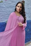 Shop_LABEL AISHWARYRIKA_Pink Georgette Hand Embroidery Mukaish Leaf Neck Chikankari Kurta Palazzo Set _at_Aza_Fashions