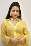 LABEL AISHWARYRIKA_Yellow Georgette Hand Embroidery Mukaish Leaf Neck Chikankari Kurta _Online_at_Aza_Fashions