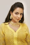 Buy_LABEL AISHWARYRIKA_Yellow Georgette Hand Embroidery Mukaish Leaf Neck Chikankari Kurta _Online_at_Aza_Fashions