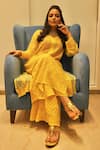 Buy_LABEL AISHWARYRIKA_Yellow Georgette Hand Embroidery Mukaish Leaf Neck Chikankari Kurta Palazzo Set _at_Aza_Fashions