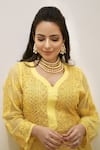 Buy_LABEL AISHWARYRIKA_Yellow Georgette Hand Embroidery Mukaish Leaf Neck Chikankari Kurta Palazzo Set _Online_at_Aza_Fashions