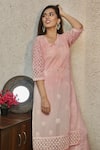 Shop_LABEL AISHWARYRIKA_Pink Georgette Hand Embroidery Mukaish Notched Chikankari Kurta _at_Aza_Fashions