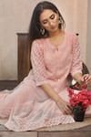 LABEL AISHWARYRIKA_Pink Georgette Hand Embroidery Mukaish Notched Chikankari Kurta _Online_at_Aza_Fashions