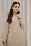 Buy_LABEL AISHWARYRIKA_Beige Georgette Hand Embroidery Mukaish Leaf Neck Chikankari Kurta _Online_at_Aza_Fashions