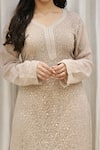 Shop_LABEL AISHWARYRIKA_Beige Georgette Hand Embroidery Mukaish Leaf Neck Chikankari Kurta _Online_at_Aza_Fashions