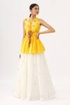 Buy_Label Anushree_Yellow Silk V Neck Bandhani Peplum Tunic And Lehenga Set  _at_Aza_Fashions