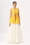 Buy_Label Anushree_Yellow Silk V Neck Bandhani Peplum Tunic And Lehenga Set  _Online_at_Aza_Fashions