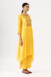 Label Anushree_Yellow Silk Round Bandhani Asymmetric Kurta And Pant Set  _Online_at_Aza_Fashions