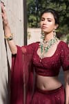 Shop_Sahil Kochhar_Red Net, Silk Organza Leaf Neck Laali Bridal Lehenga Set _at_Aza_Fashions