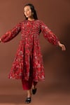 Buy_Khamaj India_Red Kurta Chanderi Embroidery Pearls Round Lagom Floral Print And Pant Set _at_Aza_Fashions