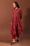 Shop_Khamaj India_Red Kurta Chanderi Embroidery Pearls Round Lagom Floral Print And Pant Set _at_Aza_Fashions