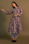 Buy_Khamaj India_Grey Kurta Chanderi Embroidery Pearls Round Lagom Floral Print And Pant Set _at_Aza_Fashions