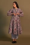 Shop_Khamaj India_Grey Kurta Chanderi Embroidery Pearls Round Lagom Floral Print And Pant Set _at_Aza_Fashions