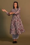 Khamaj India_Grey Kurta Chanderi Embroidery Pearls Round Lagom Floral Print And Pant Set _Online_at_Aza_Fashions