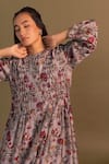 Buy_Khamaj India_Grey Kurta Chanderi Embroidery Pearls Round Lagom Floral Print And Pant Set _Online_at_Aza_Fashions