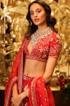 Shop_Sahil Kochhar_Red Organza Sequin And Cutdana, Beads, 3d Lahoo Embellished Bridal Lehenga Set_at_Aza_Fashions