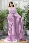 Buy_Kanj By Priyanka A Sakhuja_Purple Silk Tabby Hand Embroidered Lailaa Pre-draped Ruffle Saree With Blouse _at_Aza_Fashions