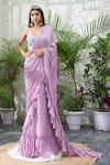 Shop_Kanj By Priyanka A Sakhuja_Purple Silk Tabby Hand Embroidered Lailaa Pre-draped Ruffle Saree With Blouse _at_Aza_Fashions