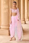 Buy_LASHKARAA_Pink Velvet Embroidery Floral Straight Off Shoulder Crop Top Dhoti Pant Set _at_Aza_Fashions