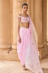 LASHKARAA_Pink Velvet Embroidery Floral Straight Off Shoulder Crop Top Dhoti Pant Set _Online_at_Aza_Fashions