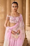 Buy_LASHKARAA_Pink Velvet Embroidery Floral Straight Off Shoulder Crop Top Dhoti Pant Set _Online_at_Aza_Fashions