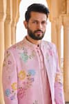 LASHKARAA_Pink Velvet Printed Floral Bead Embroidered Sherwani Set _Online_at_Aza_Fashions