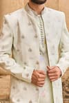 LASHKARAA_Green Velvet Printed Floral Mandarin Collar Embroidered Sherwani Set _Online_at_Aza_Fashions