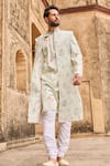 Buy_LASHKARAA_Green Velvet Printed Floral Mandarin Collar Embroidered Sherwani Set _Online_at_Aza_Fashions