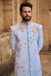 LASHKARAA_Blue Velvet Printed Tropical Sherwani Set _Online_at_Aza_Fashions