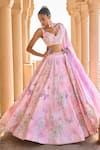 Buy_LASHKARAA_Pink Velvet Embellished Floral Sweetheart Neck Mirror Lehenga Set _Online_at_Aza_Fashions