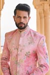 LASHKARAA_Peach Velvet Printed Floral Sherwani Set _Online_at_Aza_Fashions