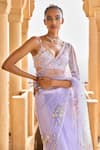 LASHKARAA_Purple Satin Embroidery Beads Sweetheart Floral And Crystal Pre-draped Saree Set _Online_at_Aza_Fashions