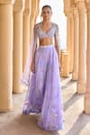 Shop_LASHKARAA_Purple Net Embroidery Beads Plunge V Neck Periwinkle Embellished Sharara Set _Online_at_Aza_Fashions