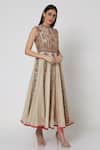 Labbada_Beige Anarkali Chanderi Silk Churidar Power  Dupatta Set  _Online_at_Aza_Fashions