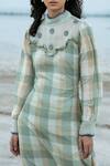 The Loom Art_Green Pure Handwoven Silk High Neck Checkered Dress _at_Aza_Fashions
