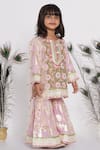 Buy_Little Bansi_Pink Cotton, Net Embroidery, Lace, Sequins Floral Print Kurta Sharara Set _at_Aza_Fashions