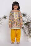 Little Bansi_Yellow Cotton, Net Sequins Floral Print Kurta Salwar Set _Online_at_Aza_Fashions