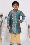Buy_Little Bansi_Green Cotton Embroidery Peacock Banarasi Sherwani And Pyjama Set _at_Aza_Fashions