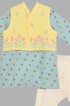 Shop_Little Brats_Yellow Kota Doria, Rayon Embroidery Floral Bundi Kurta Set _Online_at_Aza_Fashions