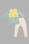Little Brats_Yellow Kota Doria, Rayon Embroidery Floral Bundi Kurta Set _Online_at_Aza_Fashions