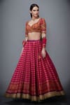 RI.Ritu Kumar_Pink Poly Dupion Leaf Neck Striped Lehenga Set_Online_at_Aza_Fashions