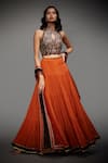 Buy_RI.Ritu Kumar_Orange Rayon Crepe Halter Neck Embroidered Lehenga Set _at_Aza_Fashions