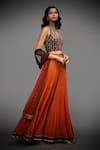 Shop_RI.Ritu Kumar_Orange Rayon Crepe Halter Neck Embroidered Lehenga Set _Online_at_Aza_Fashions