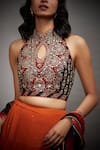 RI.Ritu Kumar_Orange Rayon Crepe Halter Neck Embroidered Lehenga Set _at_Aza_Fashions