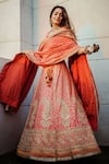 Buy_RI.Ritu Kumar_Coral Satin Embroidery V Neck Blouse Lehenga Set _at_Aza_Fashions