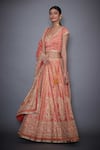 Buy_RI.Ritu Kumar_Coral Satin Embroidery V Neck Blouse Lehenga Set _Online_at_Aza_Fashions