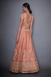 Shop_RI.Ritu Kumar_Coral Satin Embroidery V Neck Blouse Lehenga Set _at_Aza_Fashions