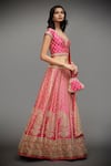 Buy_RI.Ritu Kumar_Orange Satin Silk Printed Paisley Floral V Neck Embroidered Bridal Lehenga Set _Online_at_Aza_Fashions