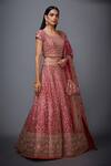 RI.Ritu Kumar_Pink Silk Satin Leaf Neck Embroidered Bridal Lehenga Set _Online_at_Aza_Fashions