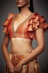 RI.Ritu Kumar Orange Shikarga Brocade V Neck Jamawar Lehenga Set at Aza Fashions RI.Ritu Kumar_Orange Shikarga Brocade V Neck Jamawar Lehenga Set _at_Aza_Fashions
